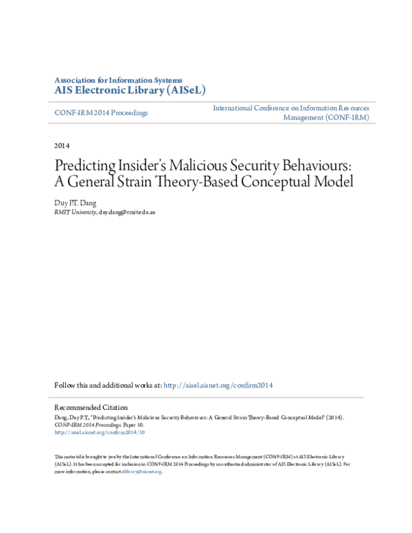 pdf predicting insiders malicious security behaviours a general strain theory