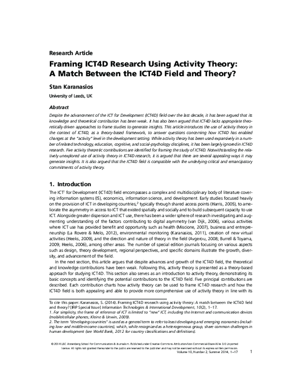 (PDF) Framing ICT4D Research Using Activity Theory: A Match Between the ...