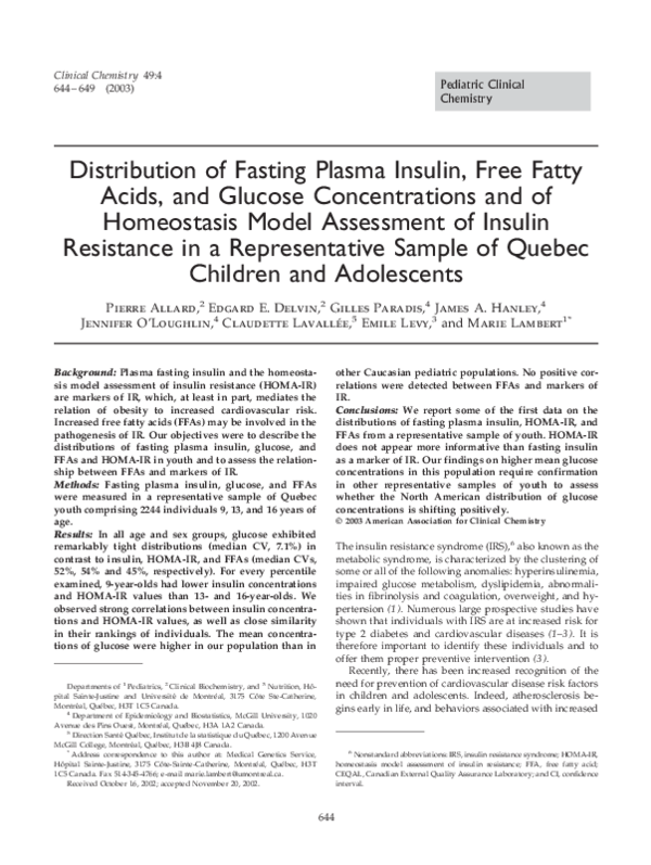 (PDF) Distribution of Fasting Plasma Insulin, Free Fatty Acids, and ...
