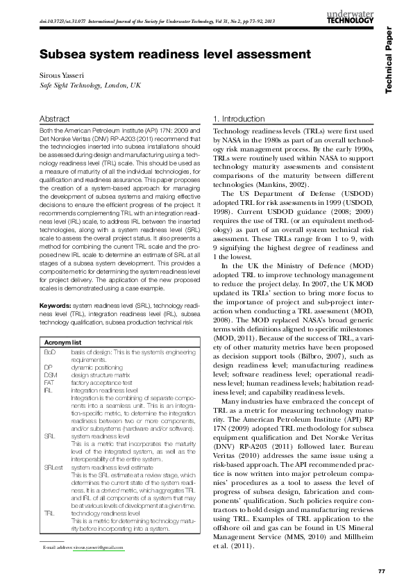 (PDF) Subsea system readiness level assessment