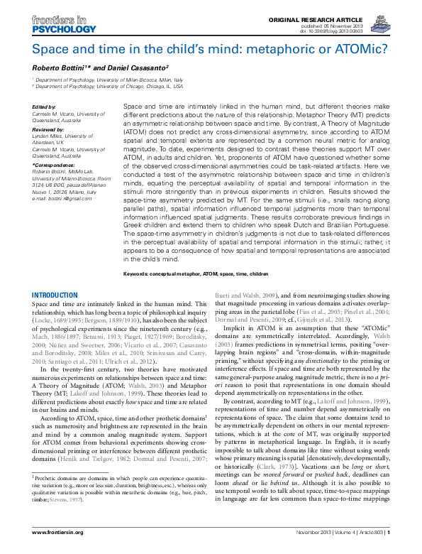 (PDF) Space and time in the child's mind: Metaphoric or ATOMic?