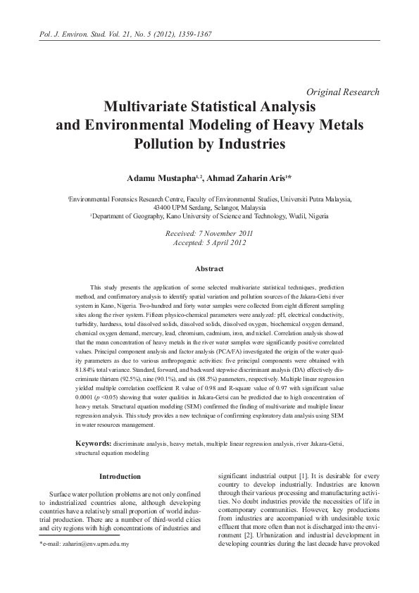 (PDF) Multivariate statistical analysis and environmental modeling of ...