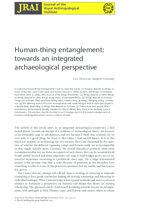 (PDF) Human-thing entanglement: towards an integrated archaeological ...