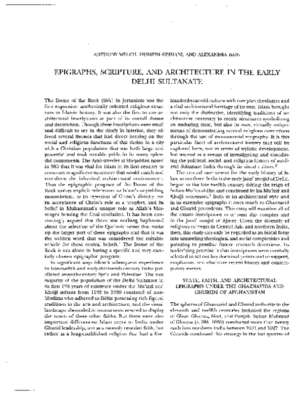 Pdf Epigraphs Scripture And Architecture In The Early Sultanate Of Delhi Co Authored With Anthony Welch And Alexandra Bain Hussein Keshani Academia Edu