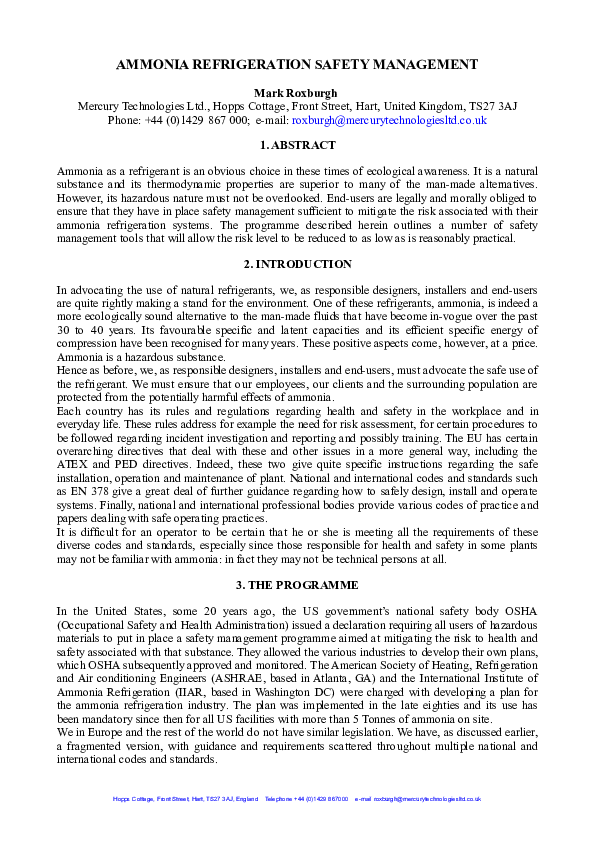 (DOC) Ammonia refrigeration safety management Mark Roxburgh Academia.edu