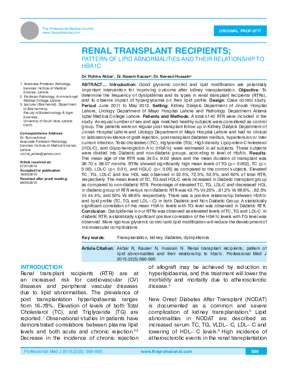 (PDF) RENAL TRANSPLANT RECIPIENTS; PATTERN OF LIPID ABNORMALITIES AND ...