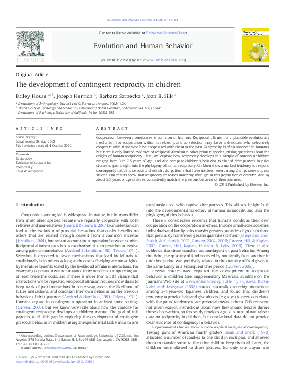 (PDF) The Development of Contingent Reciprocity in Children
