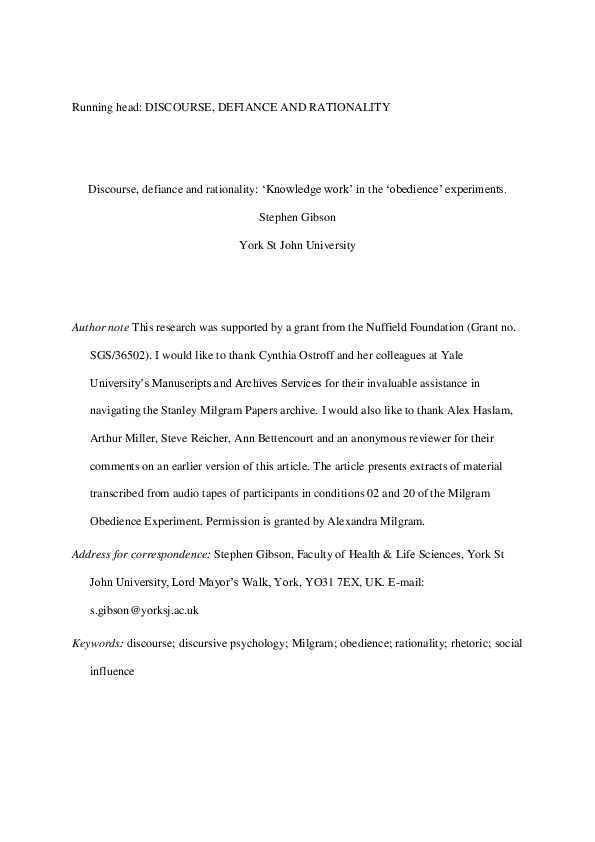 Discourse, defiance and rationality: ‘Knowledge work’ in the ‘obedience ...