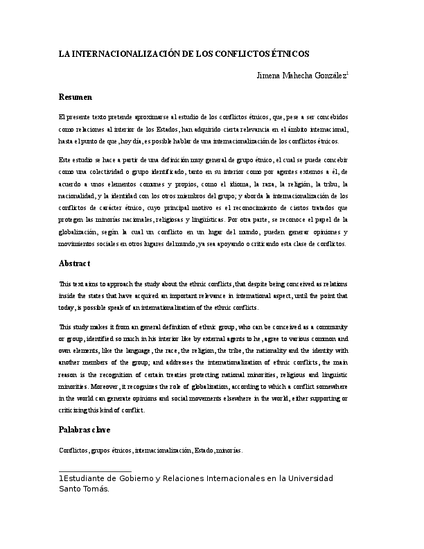  DOC La Internacionalizaci n De Los Conflictos tnicos Jimena 