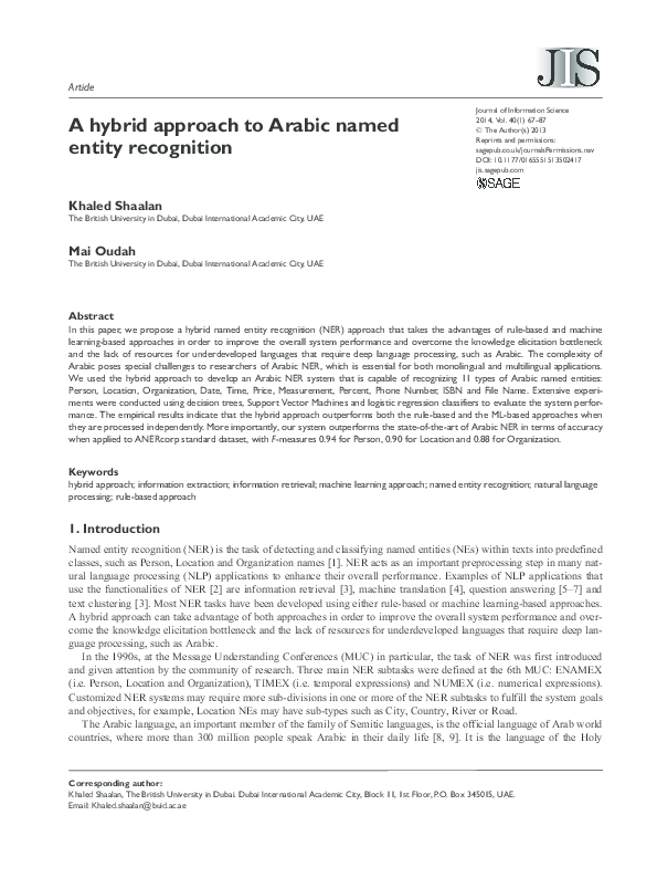 (PDF) A hybrid approach to Arabic named entity recognition