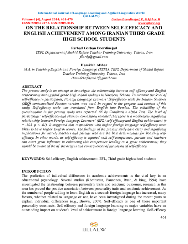 Pdf On The Relationship Between Self Efficacy And English Achievement