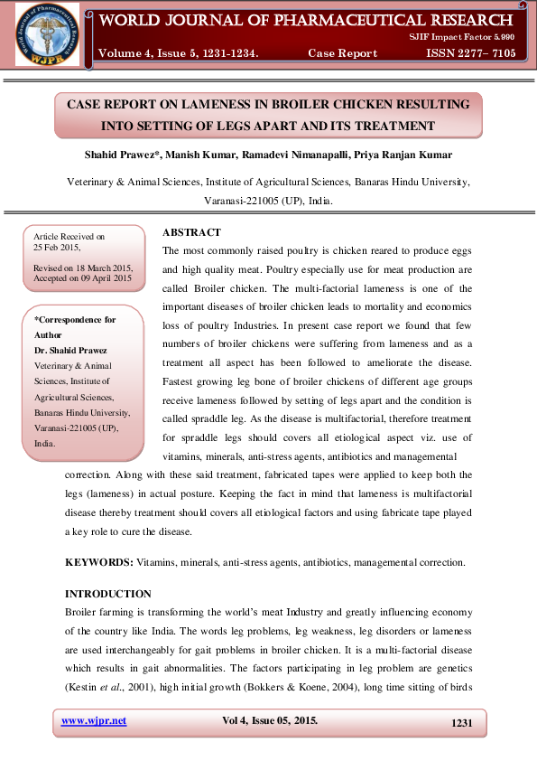 (PDF) CASE REPORT ON LAMENESS IN BROILER CHICKEN RESULTING INTO SETTING OF LEGS APART AND ITS