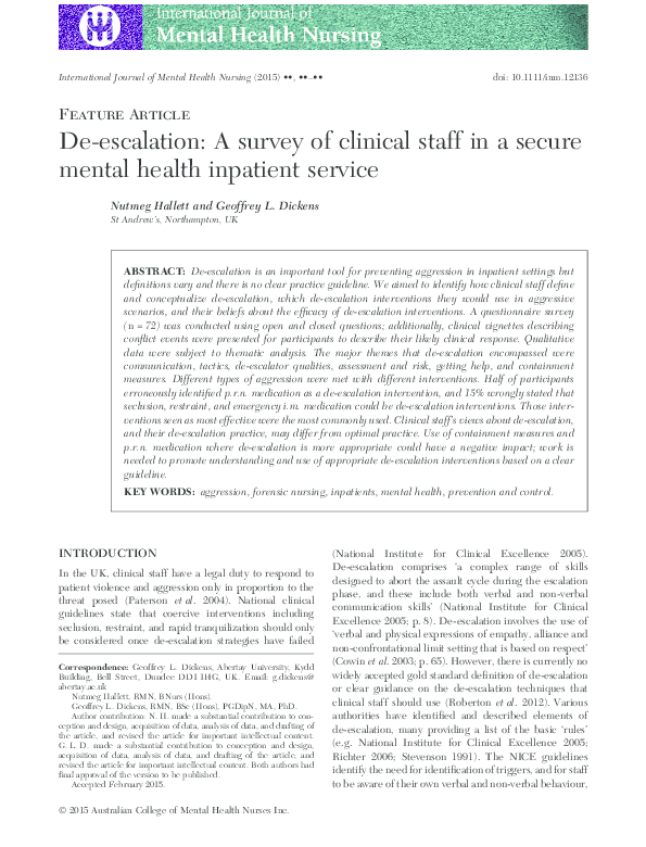 (PDF) Deescalation A survey of clinical staff in a secure mental health inpatient service