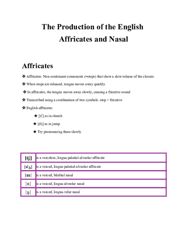 (DOC) The Production of the English Affricates and Nasal