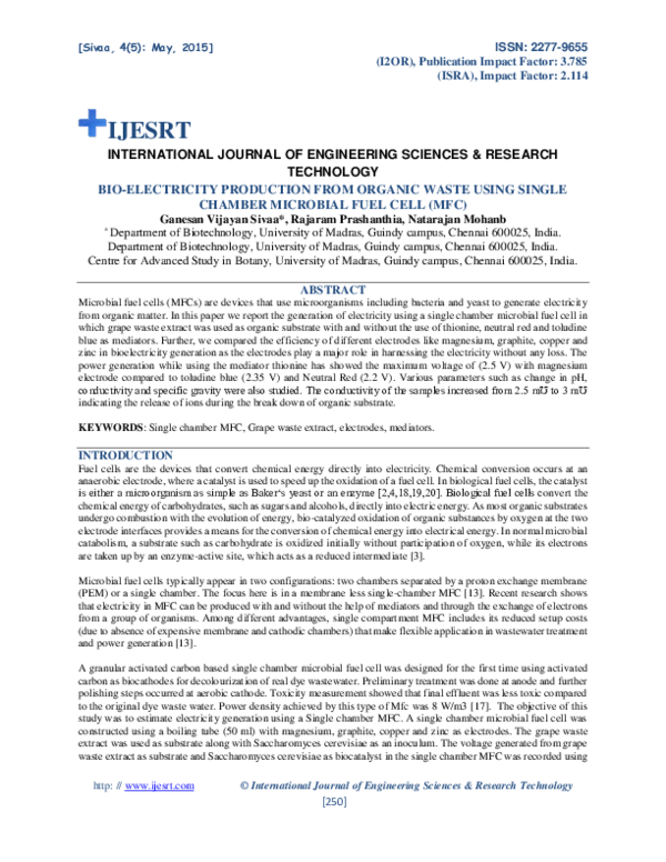 (PDF) BIO-ELECTRICITY PRODUCTION FROM ORGANIC WASTE USING SINGLE ...