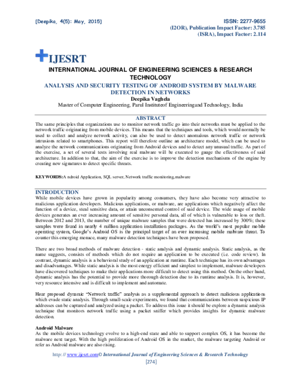(PDF) ANALYSIS AND SECURITY TESTING OF ANDROID SYSTEM BY MALWARE ...