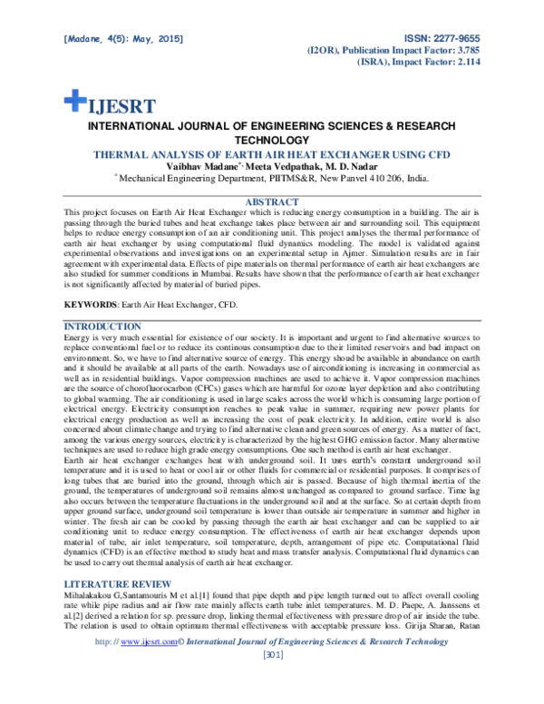 (PDF) THERMAL ANALYSIS OF EARTH AIR HEAT EXCHANGER USING CFD