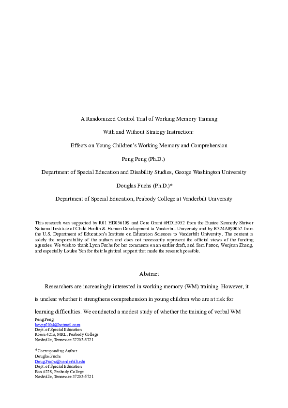 (DOC) A Randomized Control Trial of Working Memory Training With and ...