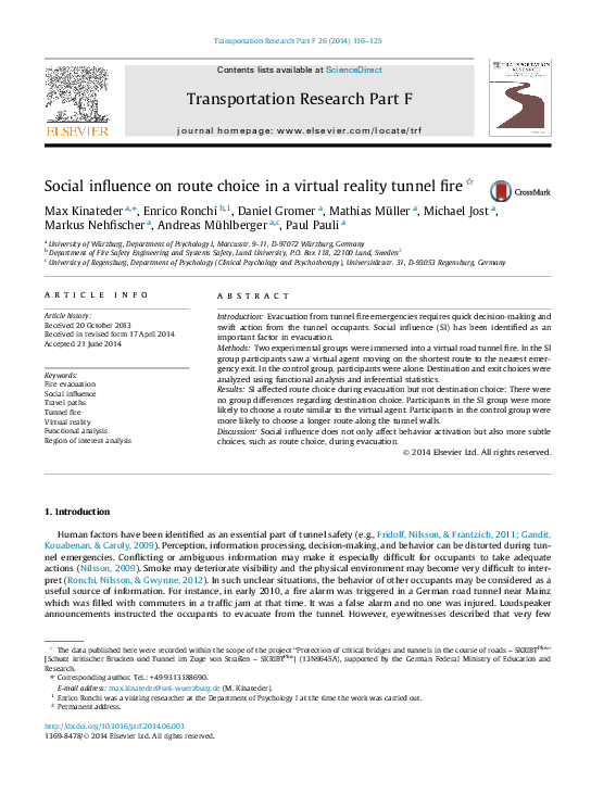 (PDF) Social Influence on Route Choice in a Virtual Reality Tunnel Fire