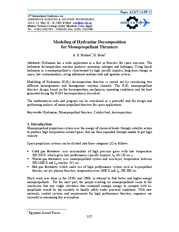 (PDF) Modeling of Hydrazine Decomposition for Monopropellant Thrusters