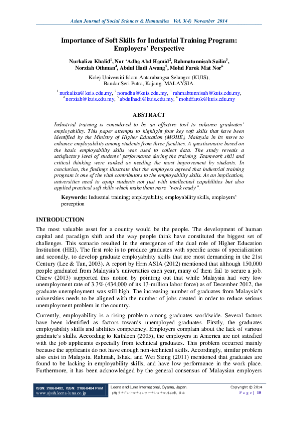 (PDF) Importance of Soft Skills for Industrial Training Program