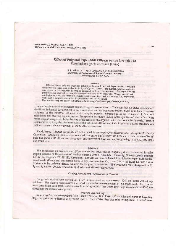 (PDF) Effect of Pulp and Paper Mill Effluent on the Growth and Suruival ...