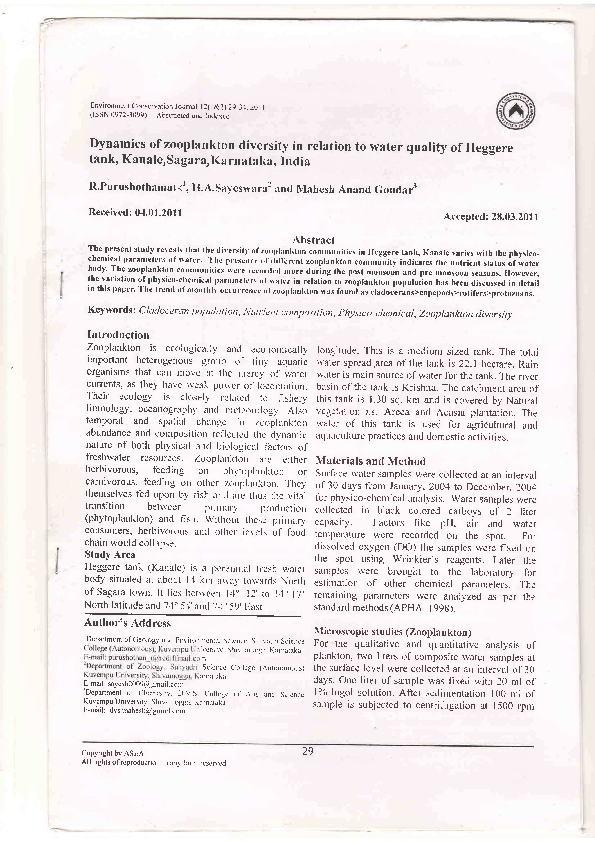 (PDF) Dynamics of zooplankton diversity in relation to water quality of ...