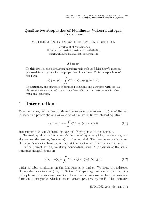 (PDF) Qualitative Properties of Nonlinear Volterra Integral Equations