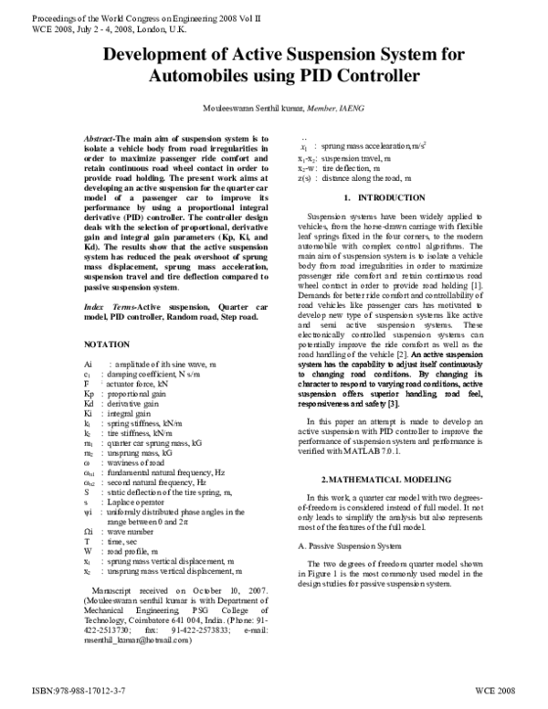 (PDF) Development of Active Suspension System for Automobiles using PID ...