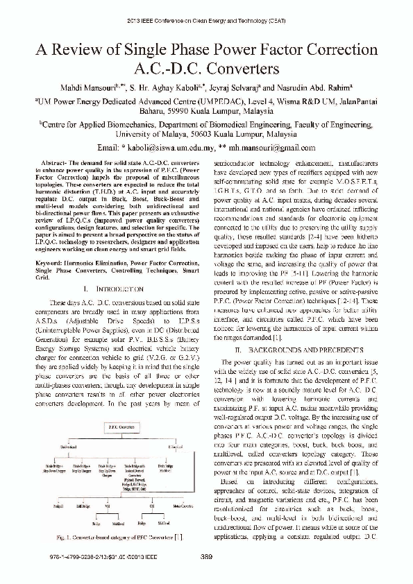 (PDF) A review of single phase power factor correction A.C.-D.C. converters