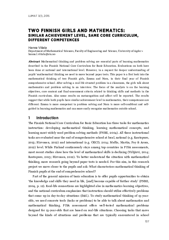 (PDF) Two Finnish girls and mathematics: Similar achievement level ...