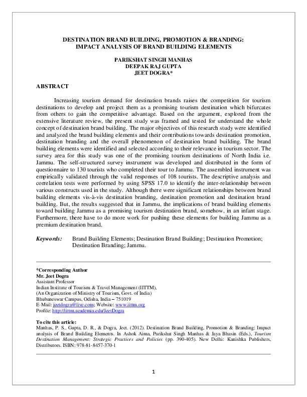 Picture of Destination Brand Building, Promotion and Branding: Impact Analysis of ...