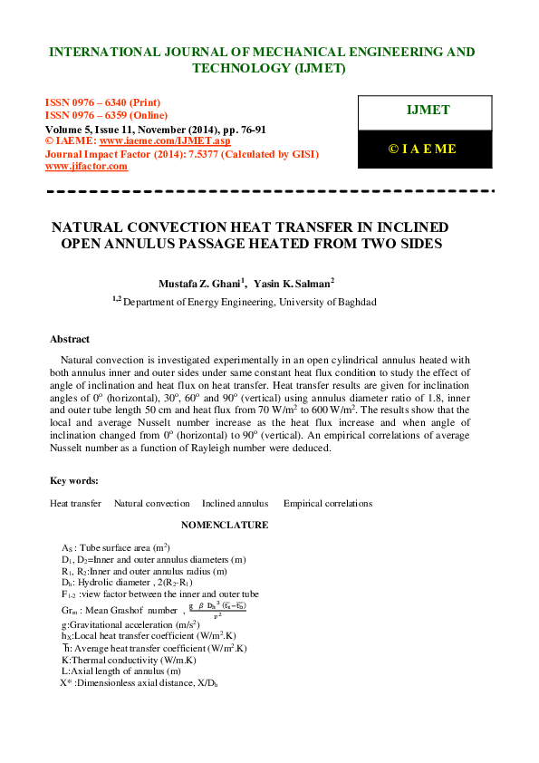 (PDF) NATURAL CONVECTION HEAT TRANSFER IN INCLINED OPEN ANNULUS PASSAGE ...