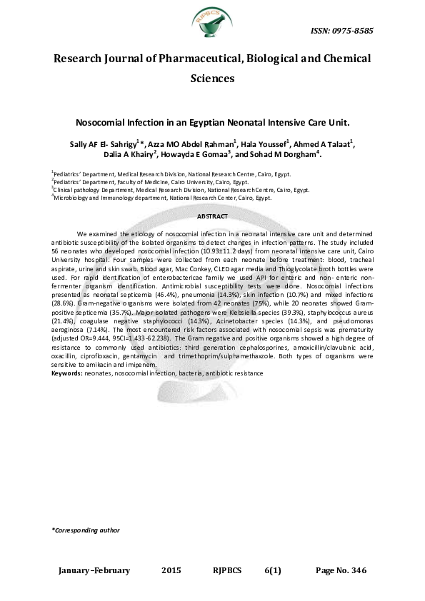 (PDF) Nosocomial Infection in an Egyptian Neonatal Intensive Care Unit.