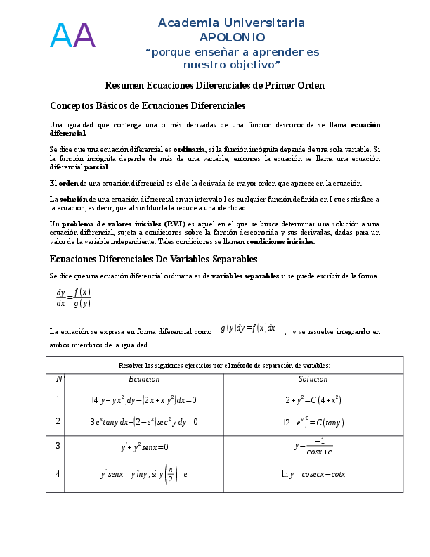 (DOC) Resumen Ecuaciones Diferenciales de Primer Orden