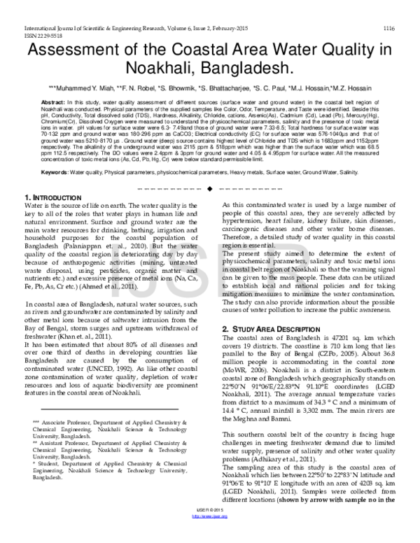 (PDF) Assessment of the Coastal Area Water Quality in Noakhali, Bangladesh.