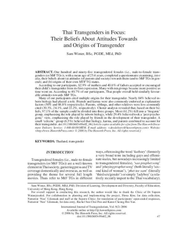 (PDF) Thai Transgenders in Focus: Their Beliefs About Attitudes Towards ...