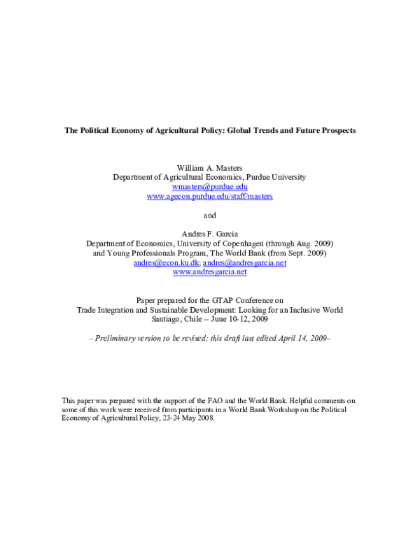 (PDF) The Political Economy of Agricultural Policy: Global Trends and ...