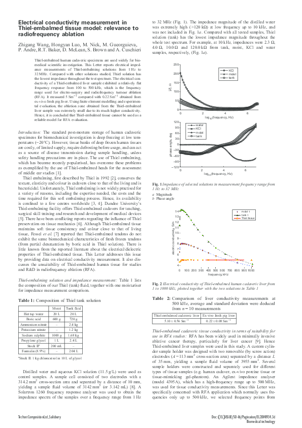 Electrical conductivity measurement in Thiel-embalmed tissue model ...