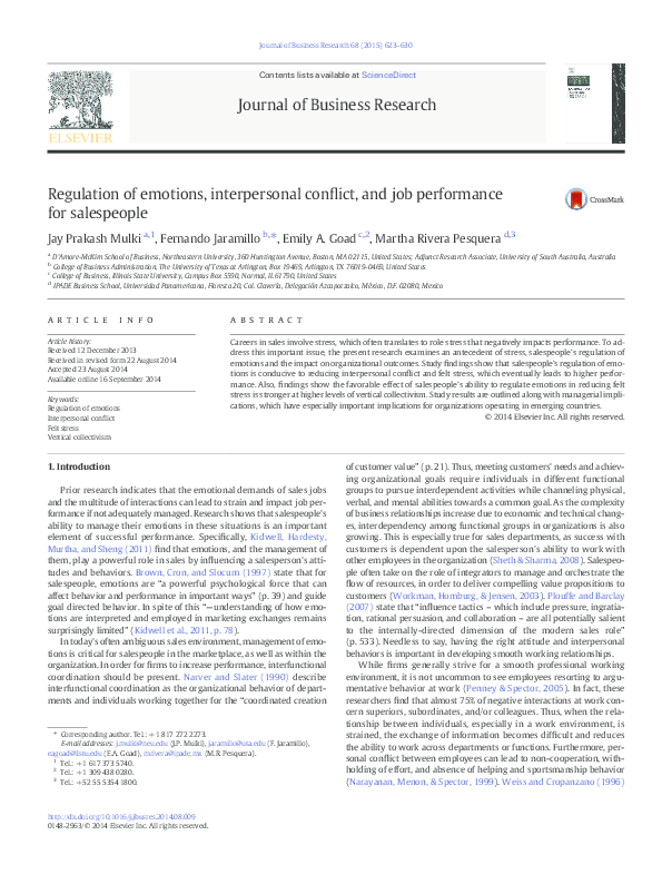 (PDF) Regulation of emotions, interpersonal conflict, and job ...