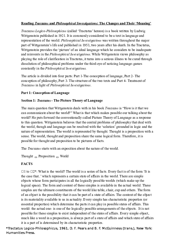 (DOC) Reading Tractatus and Philosophical Investigations The Changes and Their ‘Meaning