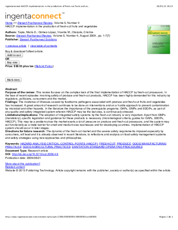 (PDF) HACCP implementation in the production of freshcut fruits and