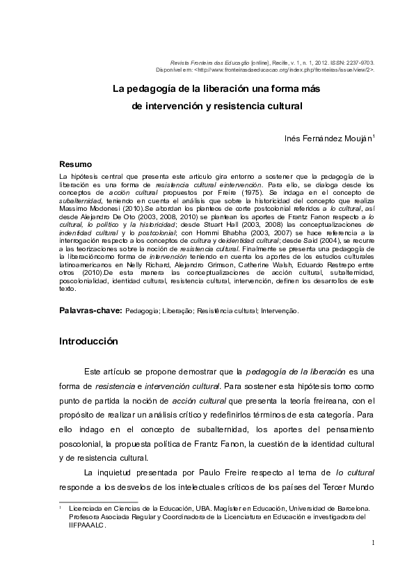La pedagogía de la liberación: una forma más de resistencia e intervención cultural”