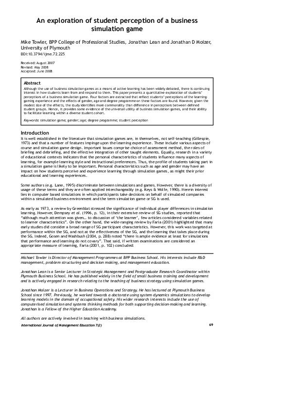 (PDF) An Exploration of Student Perception of a Business Simulation Game