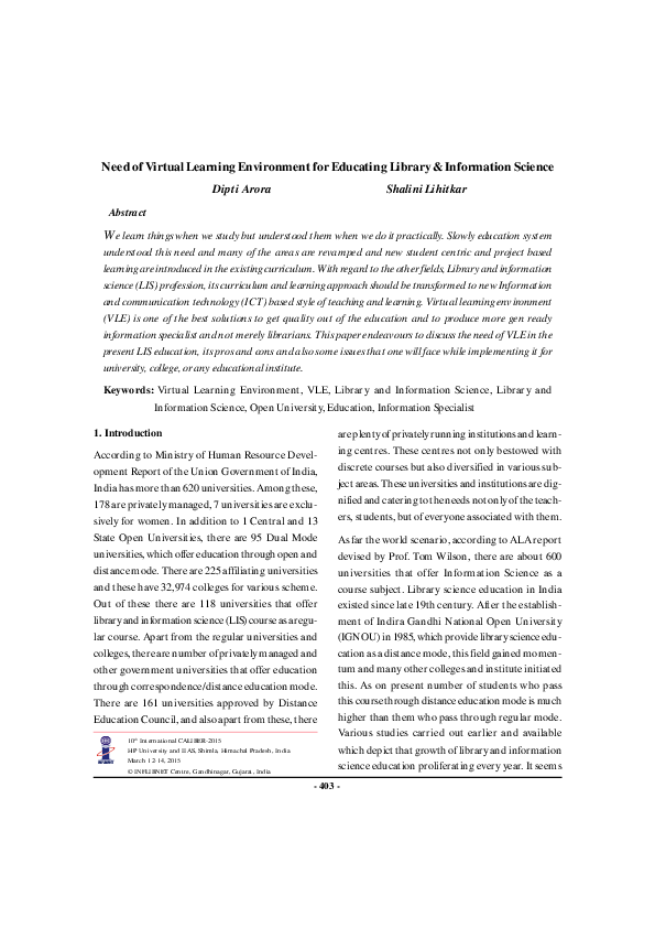 (PDF) Need of Virtual Learning Environment for Educating Library ...
