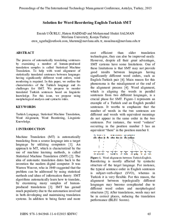 Pdf Solution For Word Reordering English Turkish Smt Sdiwc Organization Academia Edu