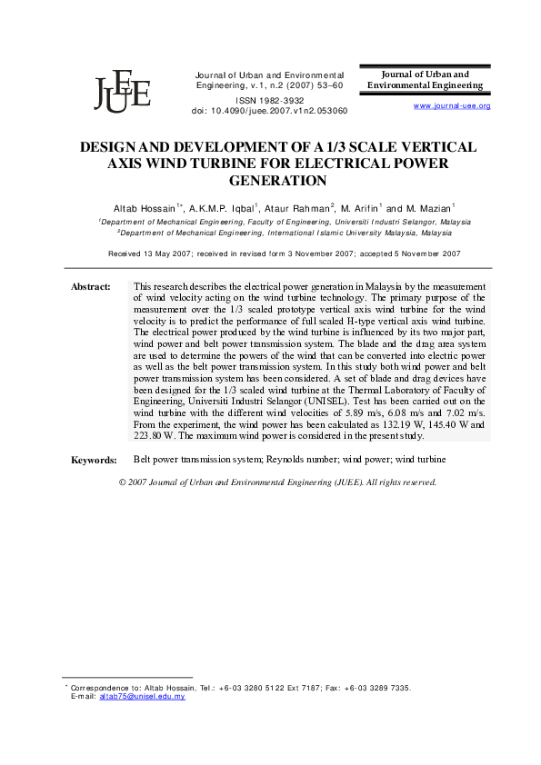 (PDF) DESIGN AND DEVELOPMENT OF A 1/3 SCALE VERTICAL AXIS WIND TURBINE ...