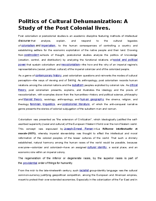 Doc Politics Of Cultural Dehumanization A Study Of The Post Colonial Lives Sudhansu Dash Academia Edu