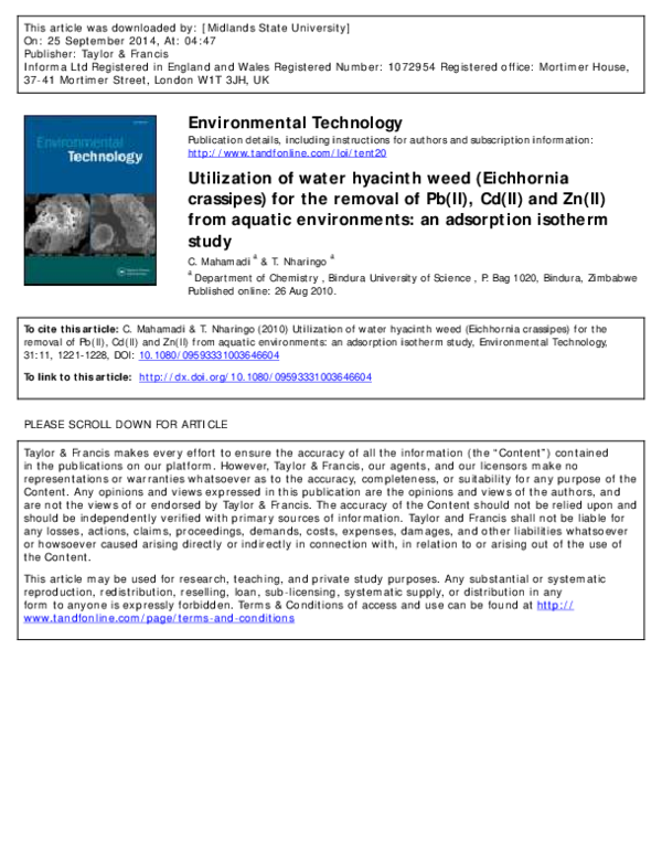 (PDF) Utilization of water hyacinth weed (Eichhornia crassipes) for the ...