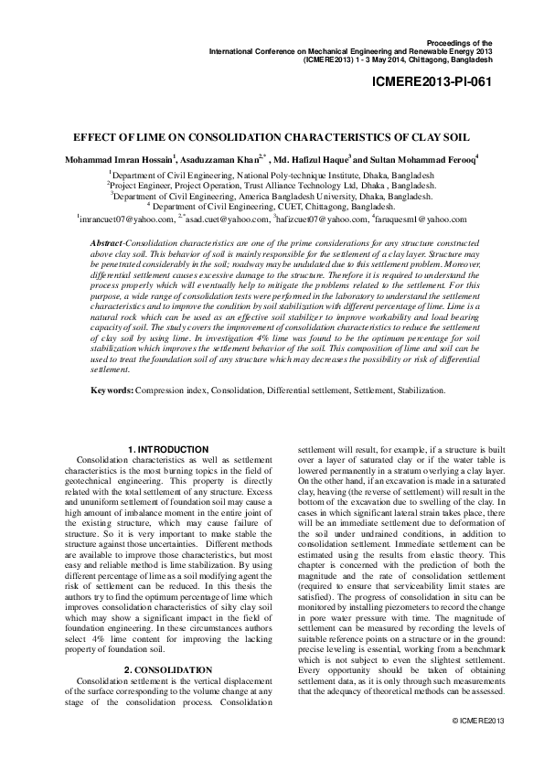 (PDF) EFFECT OF LIME ON CONSOLIDATION CHARACTERISTICS OF CLAY SOIL
